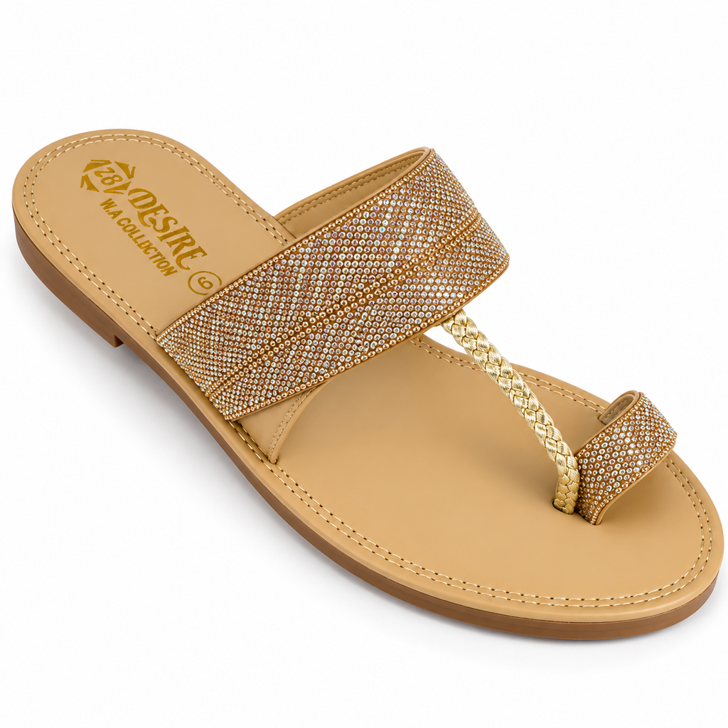 Sparkling embellished tan sandal flat