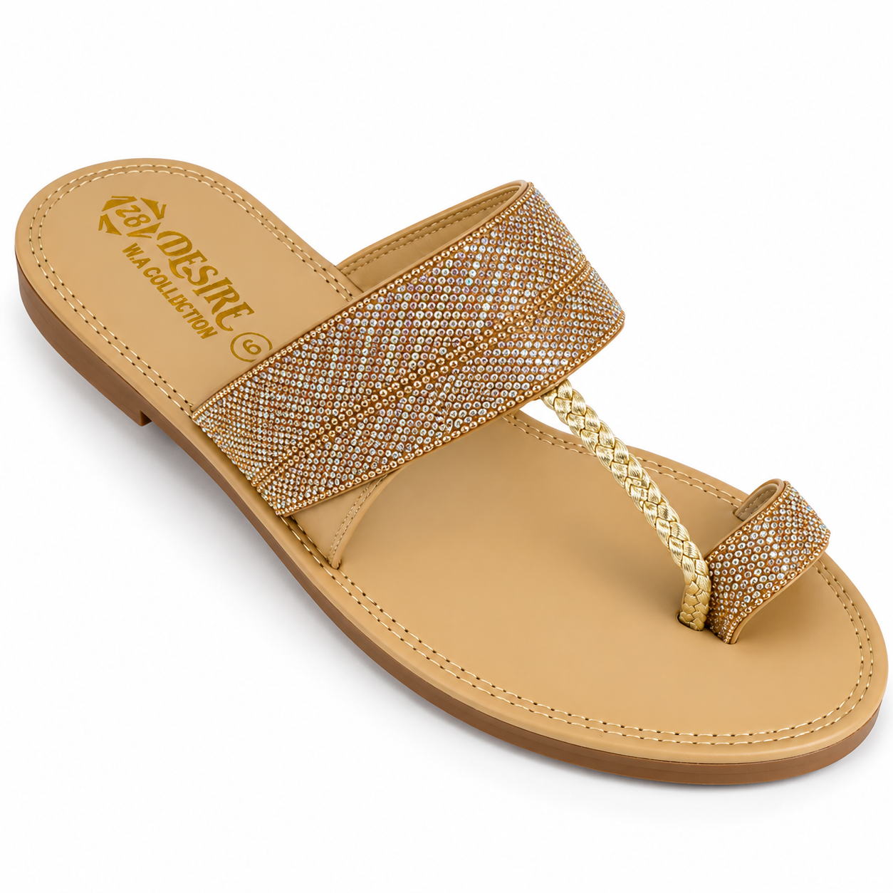 Sparkling embellished tan sandal flat