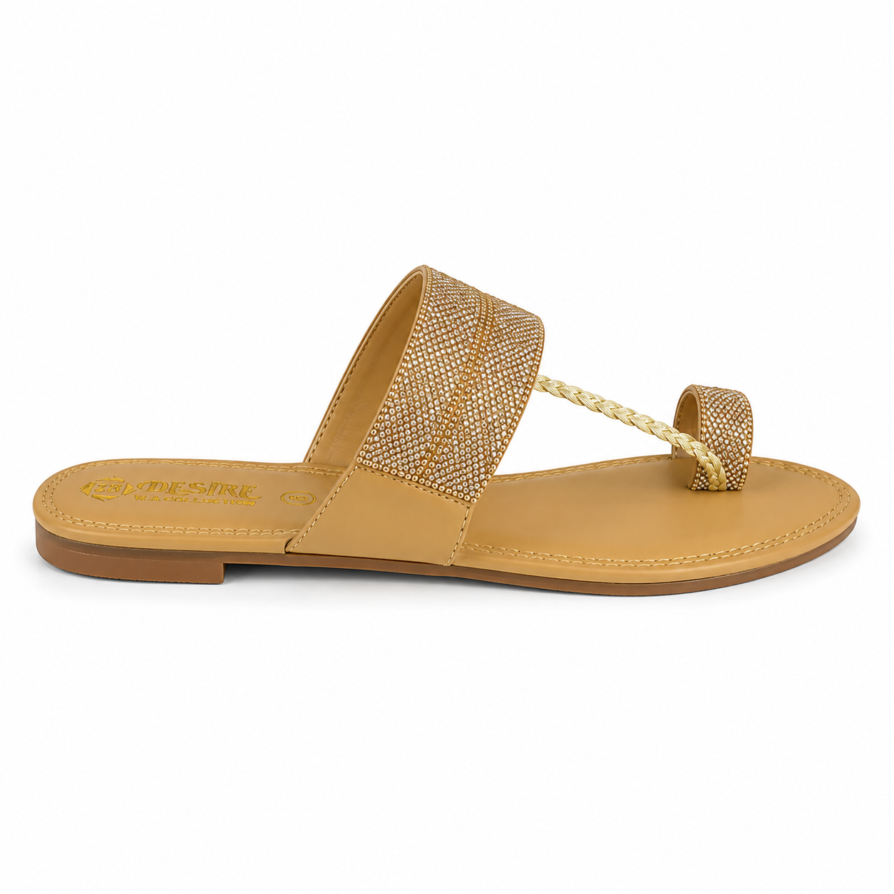 Sparkling embellished tan sandal flat